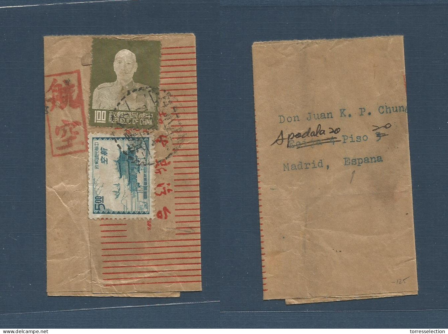 TAIWAN. 1958 (2 Nov) Taipeh - Spain, Madrid. A Most Unusual Complete Wrapper Fkd Reverse + Aux Cachet + Destination. Add - Other & Unclassified