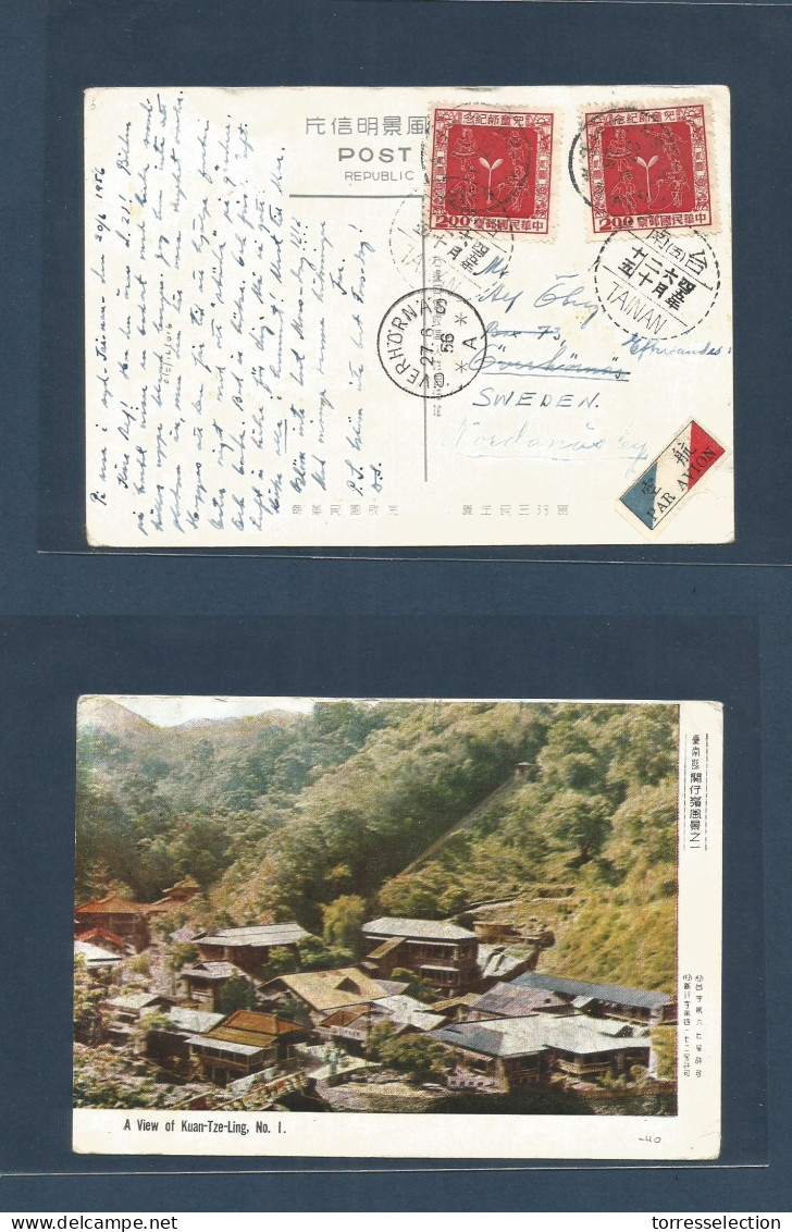 TAIWAN. 1956 (June 20) Tainan - Sweden, Overhornas (27 June) Air Multifkd Early Card + Color Air Label, Fwded. VF Usage. - Other & Unclassified