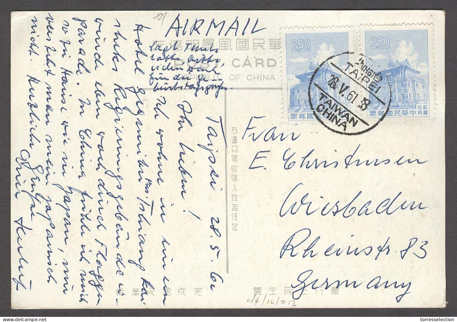 TAIWAN. 1961 (28 May). Taipei / HG - Germany. Air Fkd PPC / Cds. Fine. - Other & Unclassified