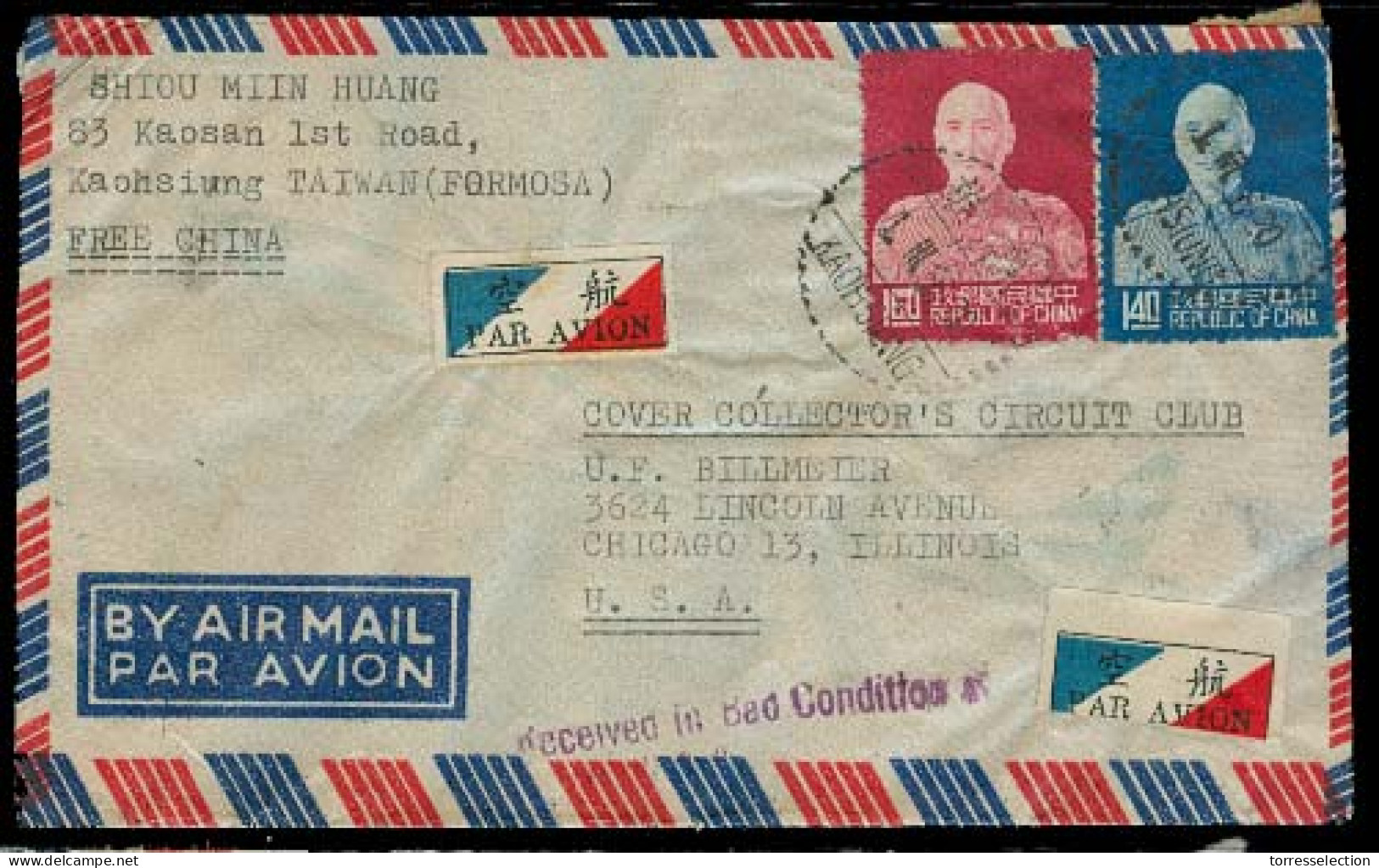 TAIWAN. 1956 (1 March). Kaohsiung - USA. Airfkd Env 1,40 + 1,60 $ Tchank KS + Tricolor Labels + Aux Marks. Fine. - Other & Unclassified