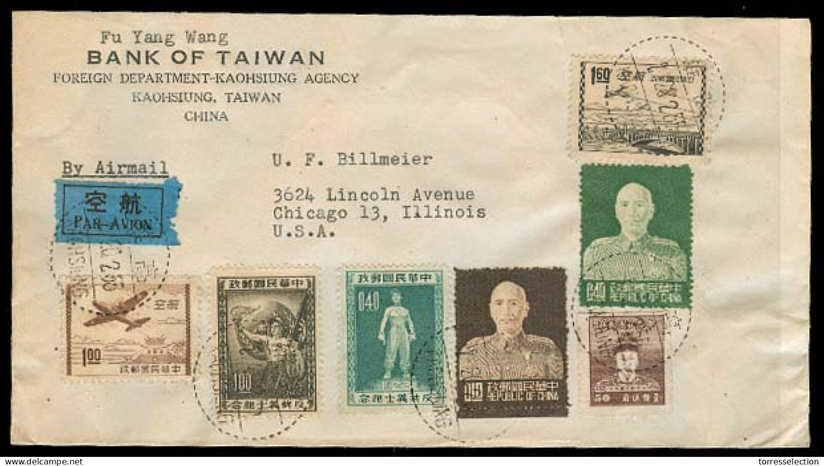 TAIWAN. 1956 (20 Feb). Kaohsing - USA. Air Multifkd Env Incl 2 X 0,10 + 0,40 Tchank K. VF. - Other & Unclassified