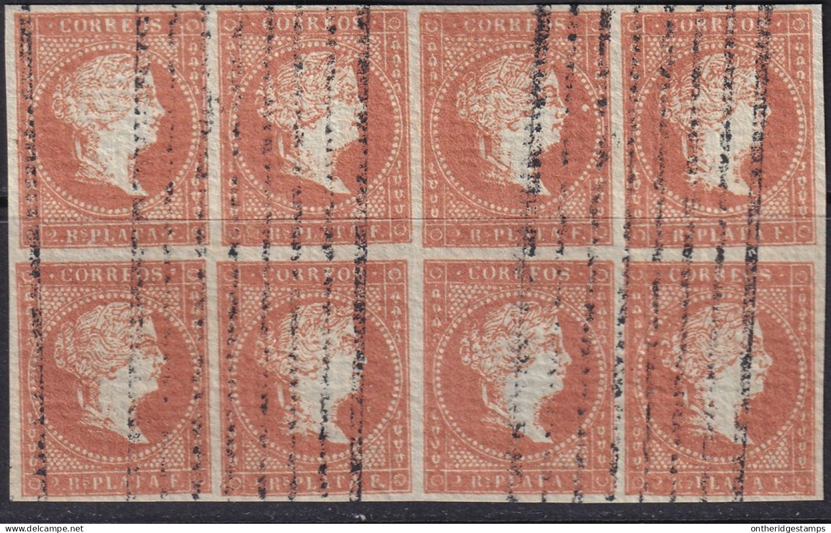 Cuba 1855 Sc 4 Ed 3 Block Of 8 Used Bar (barras) Cancel - Kuba (1874-1898)