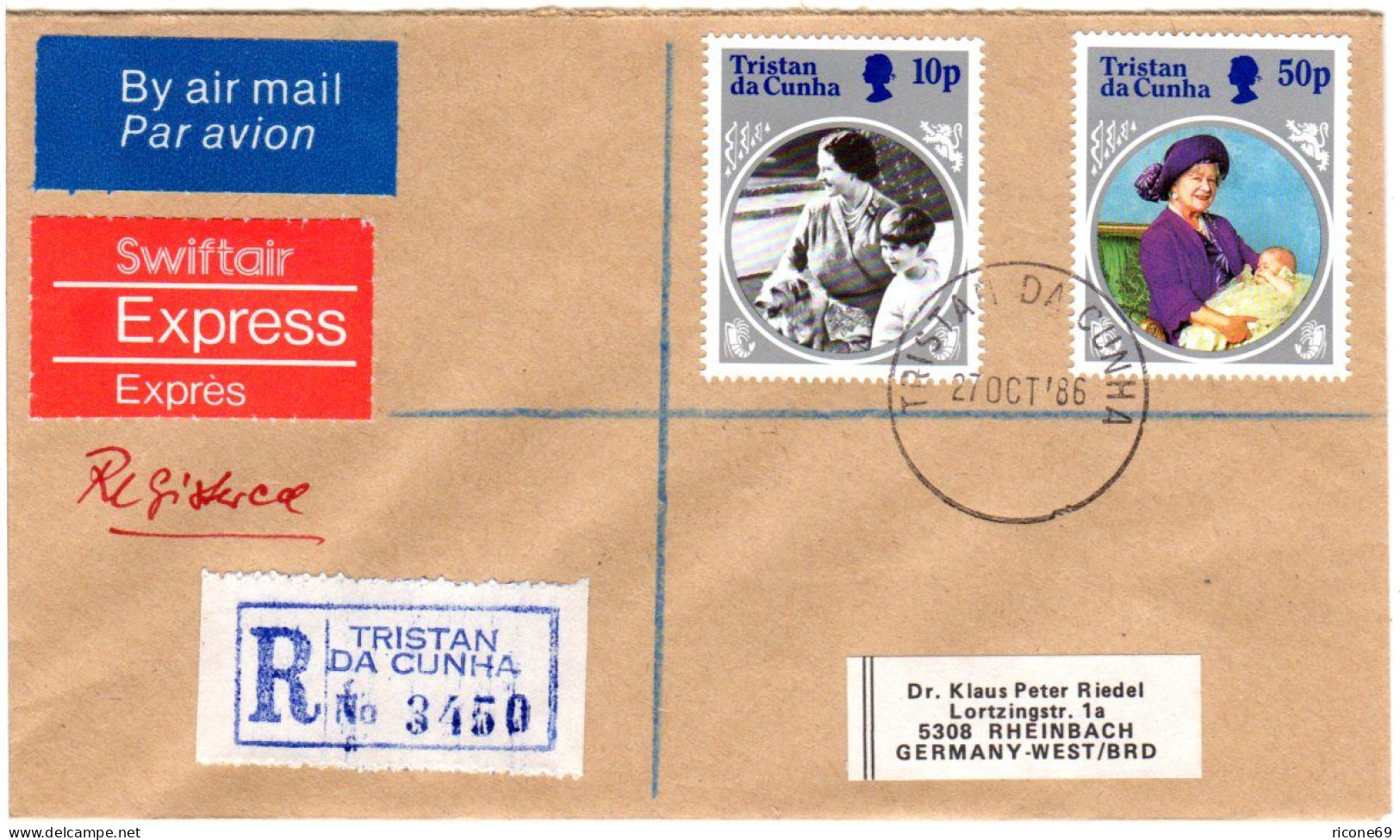 Tristan Da Cuhna 1986, 10+50p Auf Einschreiben Express Brief N. Deutschland - Tristan Da Cunha