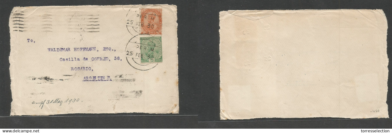 YEMEN. 1930 (25 Feb) Perim Island. India Stamps Used At PO British Period. GPO - Argentina, Rosario. Multifkd Front Of C - Yemen