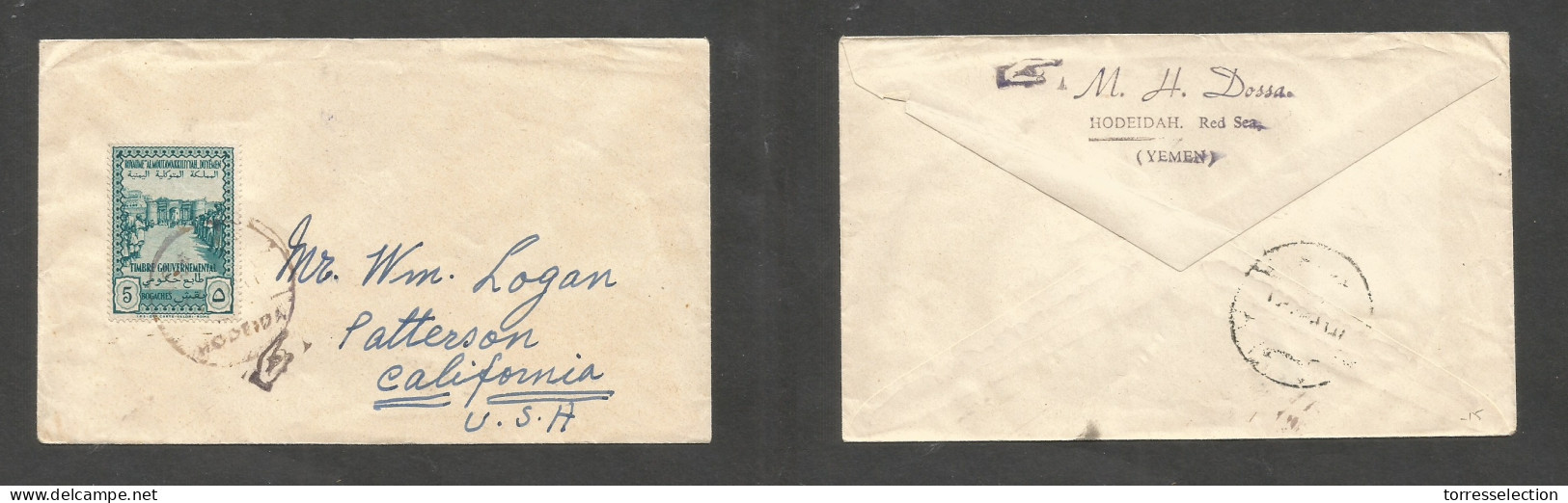 YEMEN. C. 1950s. Hodeida - USA, CA, Patterson. 5 Bogaches Single Unseald Fkd Envelope, Violet Cachet + Transit Reverse. - Yemen