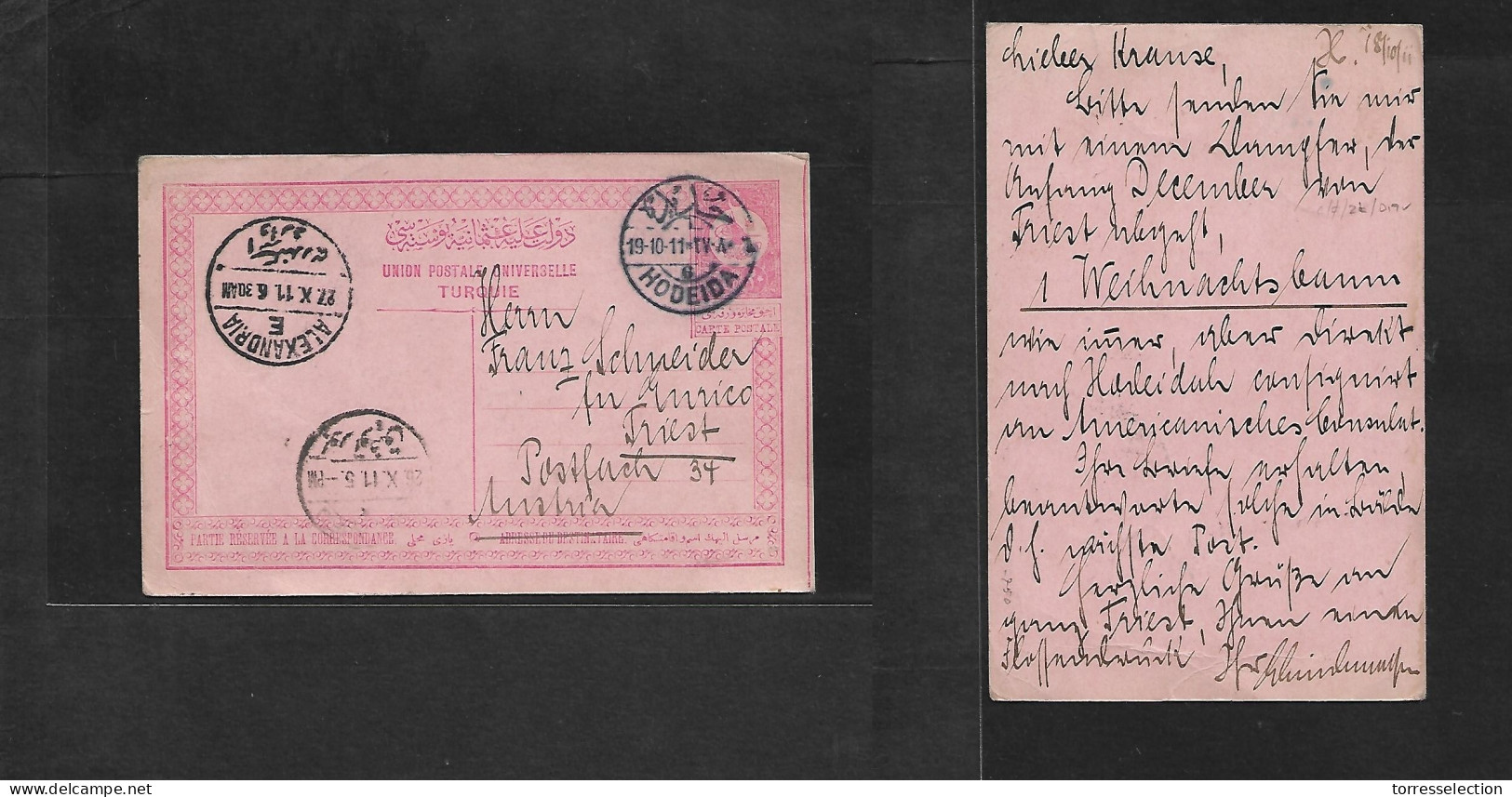 YEMEN. 1911 (19 Oct) Turkish PO, Hodeida - Austria, Triest. UPU Red Stat Card, Bilingual Depart Cds + Via Alexandria, Eg - Yemen
