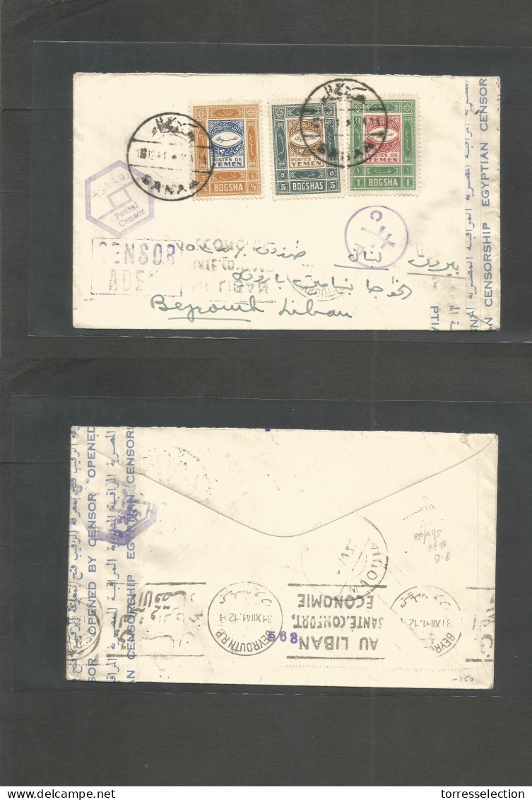 YEMEN. 1941 (1 Dec) Sanaa - Lebanon (Beyrouth) (31 Dec) Via Maouia. Censor At Aden + Egypt. Multifkd Envelope, Bilingual - Yemen