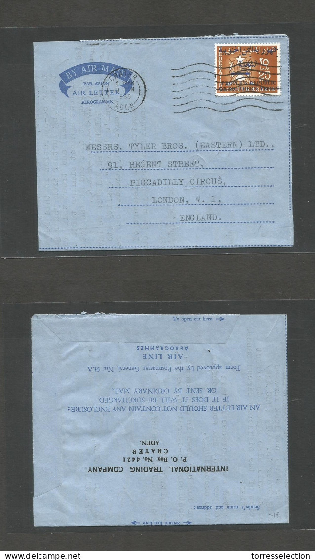 YEMEN. 1968 (10 June) Aden - Yemen - South Arabia. Crater - London, England. Air Fkd Lettersheet, Ovptd Issue. Fine + Sc - Yemen