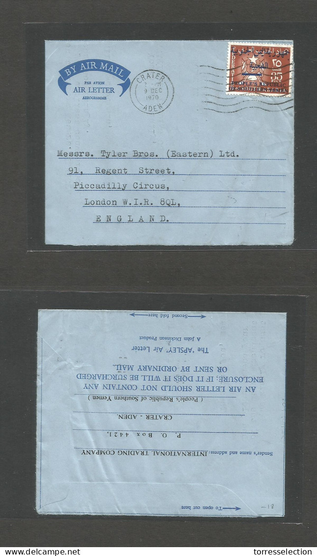 YEMEN. 1970 (9 Dec) South Arabia - South Yemen. Aden, Crater - London, England. Fkd Air Lettersheet, Overprinted Issue.  - Yemen