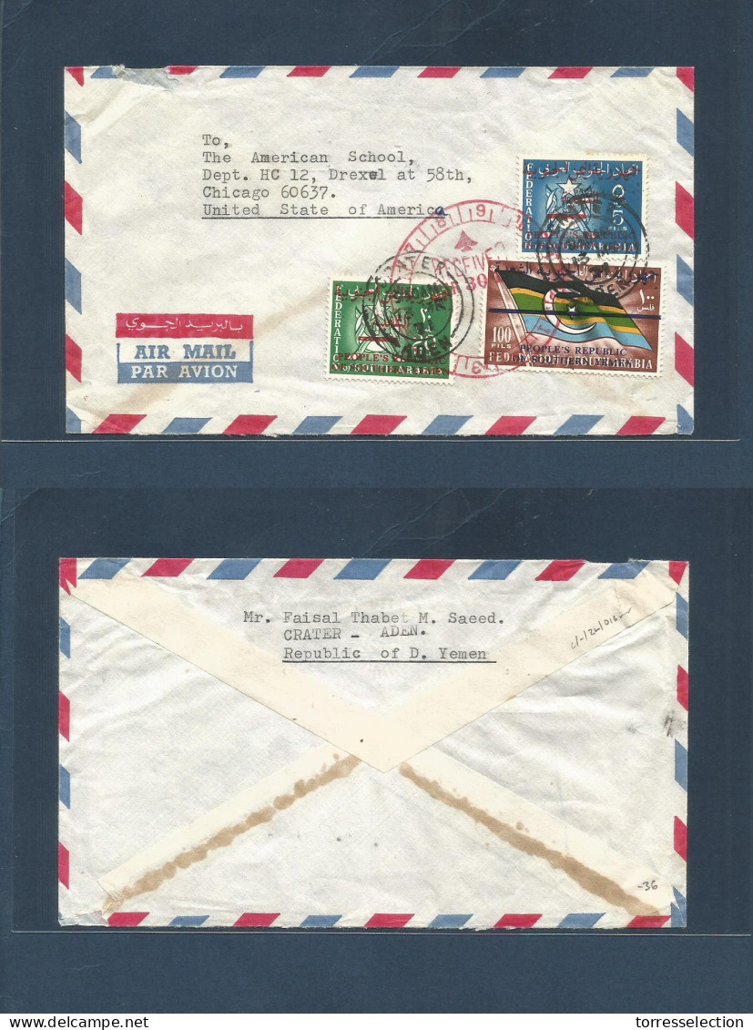 YEMEN. 1971 (13 March) Crater, Aden - USA, Chicago (30 March) Ill. Air Multifkd Envelope, Ovptd Federation Of South Arab - Yemen
