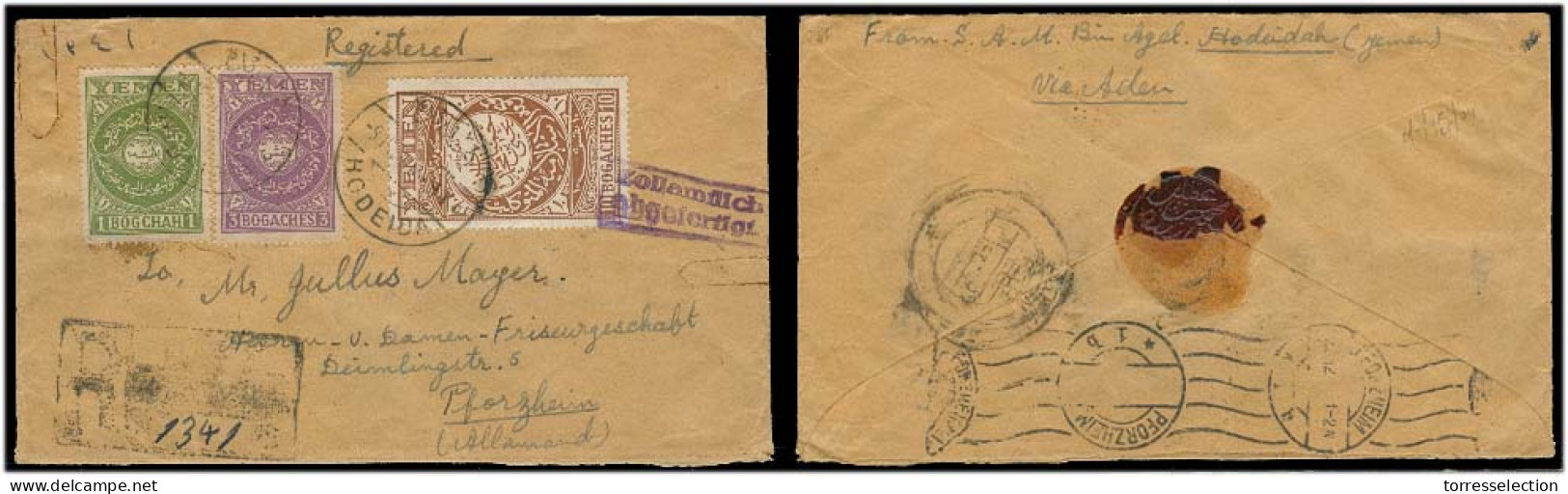 YEMEN. 1937 (22 Dec). Hodeida - Germany. Reg Multifkd Env. Via Aden + Arrival Reverse + German Control Mark. Fine. - Yemen