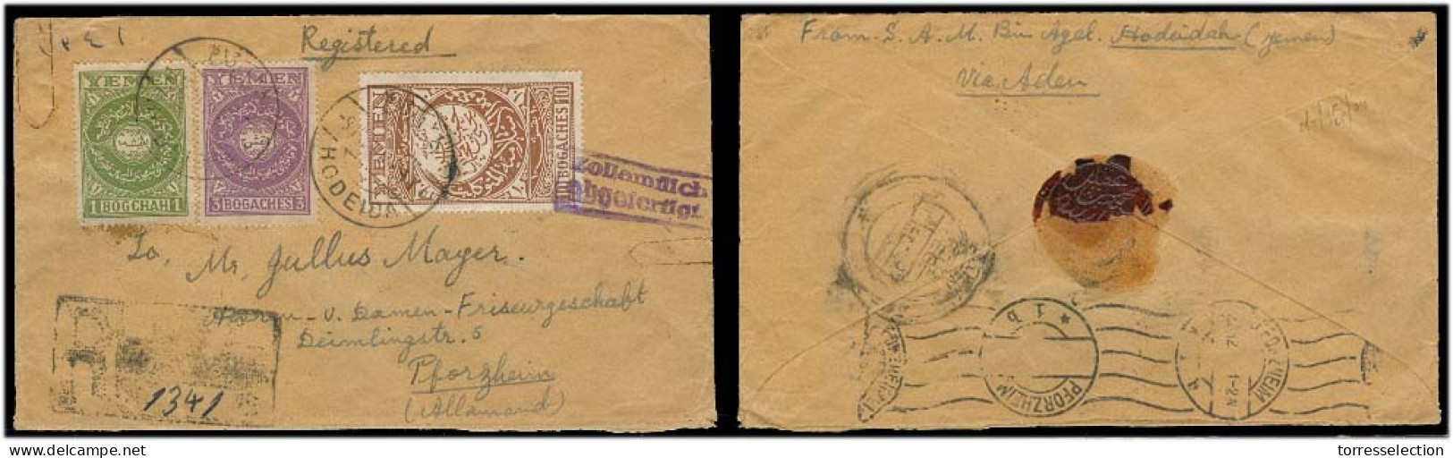 YEMEN. 1937 (22 Dec). Hodeida - Germany. Reg Multifkd Env. Via Aden + Arrival Reverse + German Control Mark. Fine. - Jemen