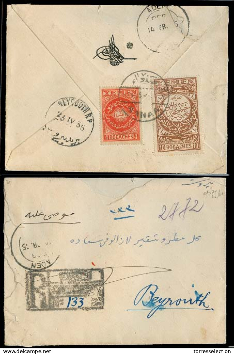 YEMEN. 1935 (April). Sanaa - Lebanon (23 April). Reg Fkd Env. Via Aden (14 April). Unusual Dest. - Yemen