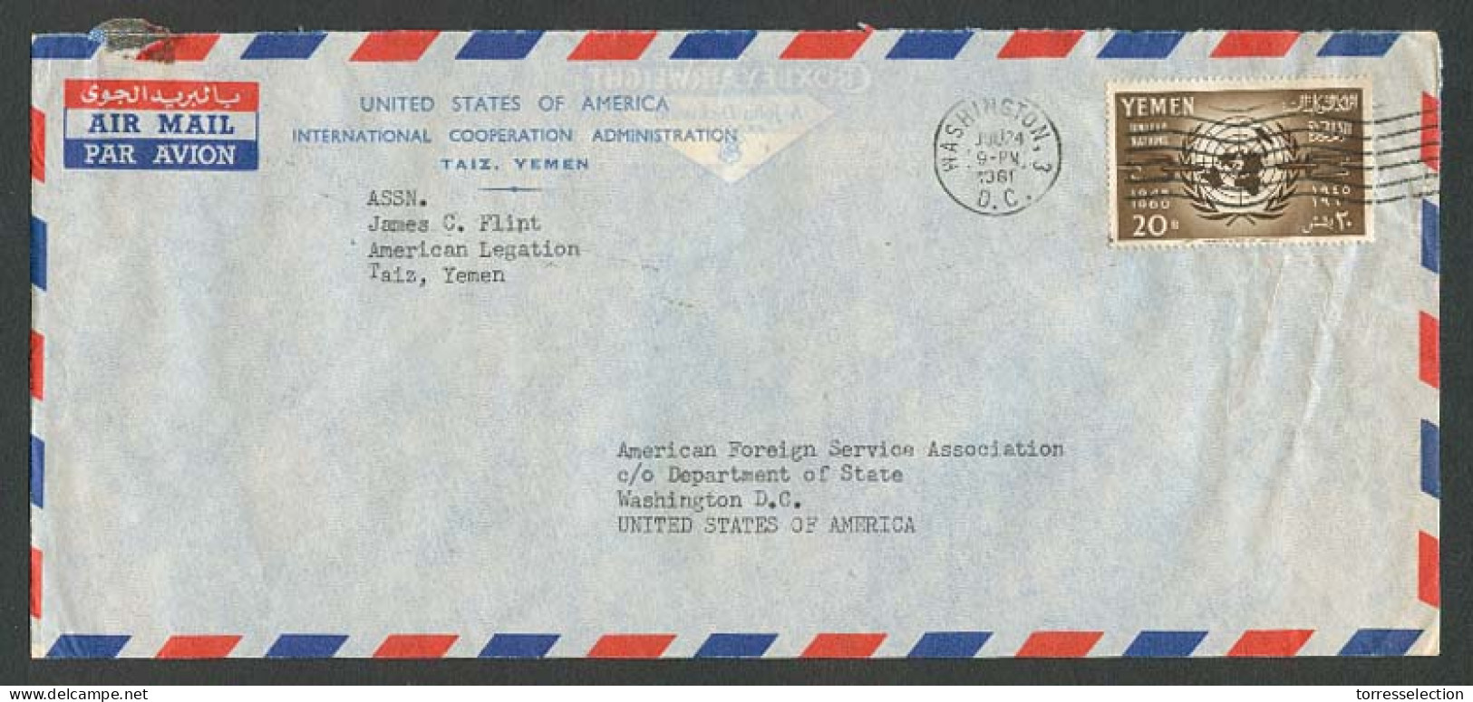 YEMEN. 1960 (24 July). Taiz - USA. Air Fkd Env. Arrival Cachet. - Jemen