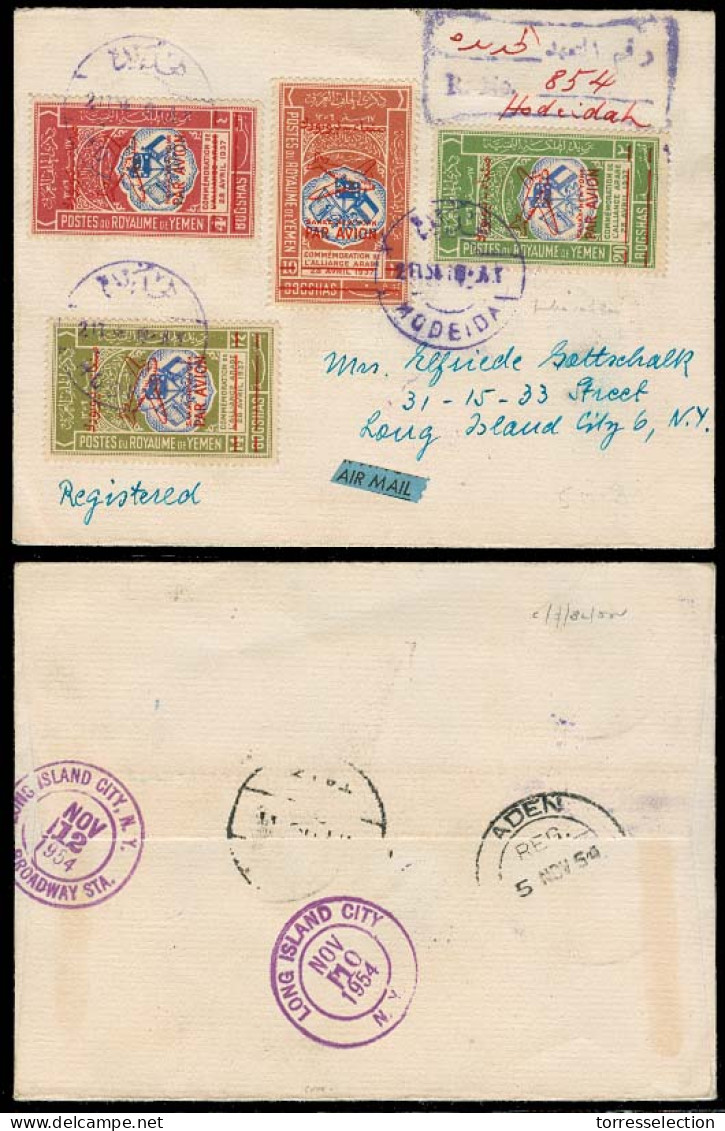 YEMEN. 1954. Hodeida - USA. Reg Fkd Env Properly Circulated / Ovptd "SANAA - New York / Por Avion" + Label Unusual Usage - Yemen