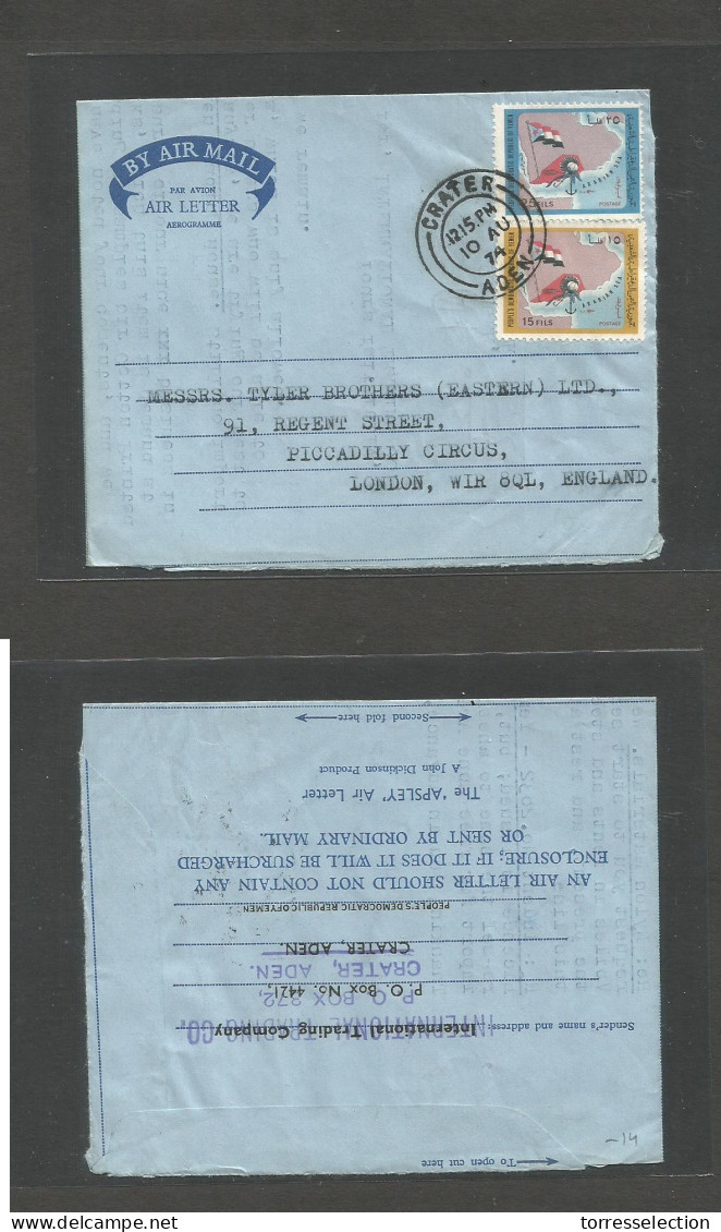 YEMEN. 1974 (10 Aug) Aden, Crater - UK, England, London. Fkd Air Letter + 2 Stamps. - Yemen