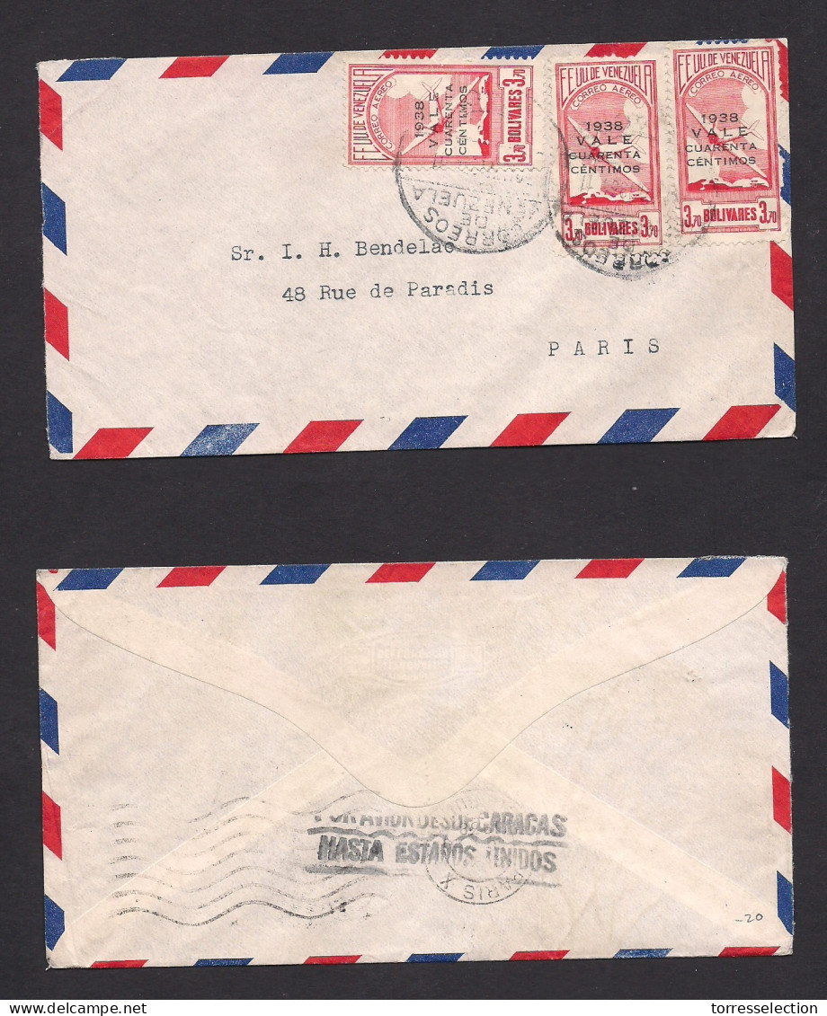 VENEZUELA. 1938 Caracas - France, Paris. Air Multifkd Env. Ovptd "revalidated" Issue. VF. - Venezuela