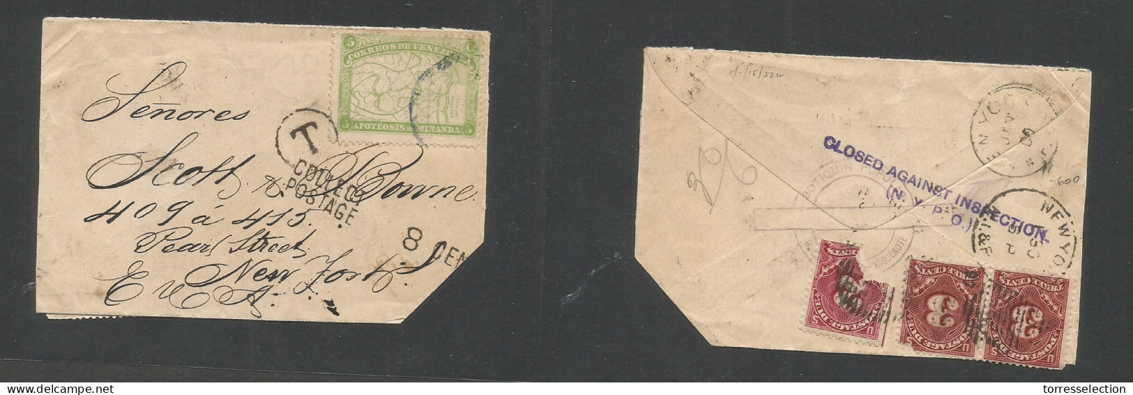 VENEZUELA. 1897. Higuerote - USA, NYC. Fkd Map Issue 5c Green, Tied Cds + "T" Cachet, P, Due 8c Reverse 8c, Tied Grill P - Venezuela