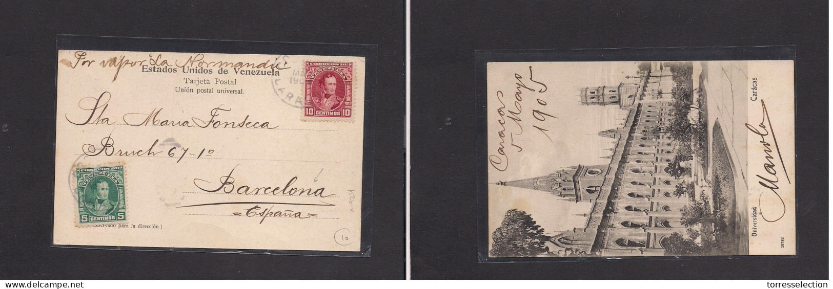 VENEZUELA. Venezuela - Cover - 1905 Caracas To Spain Barcelona Mult Fkd Ppc , Por Vapor Normandie, Rare Dest. Easy Deal. - Venezuela