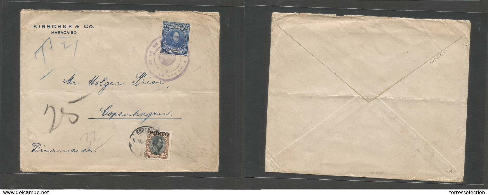 VENEZUELA. C. 1913. Maracaibo - Denmark, Cph. Comercial Single 50c Blue Fkd Envelope, Lilac Shield Cachet, Taxed + Arriv - Venezuela