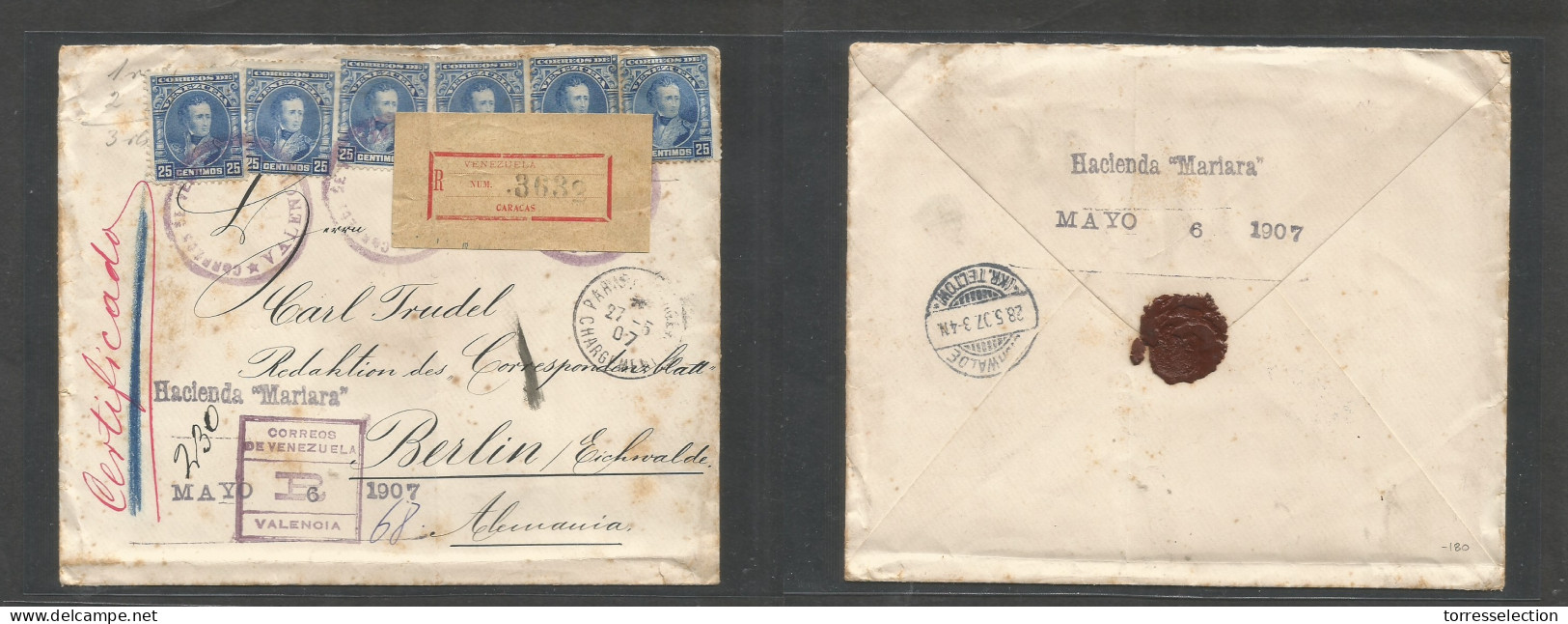 VENEZUELA. 1907 (6 May) Hacienda Mariana - Germany, Berlin (28 May) Via Paris (27 May) Registered Mutlifkd Envelope 25c  - Venezuela