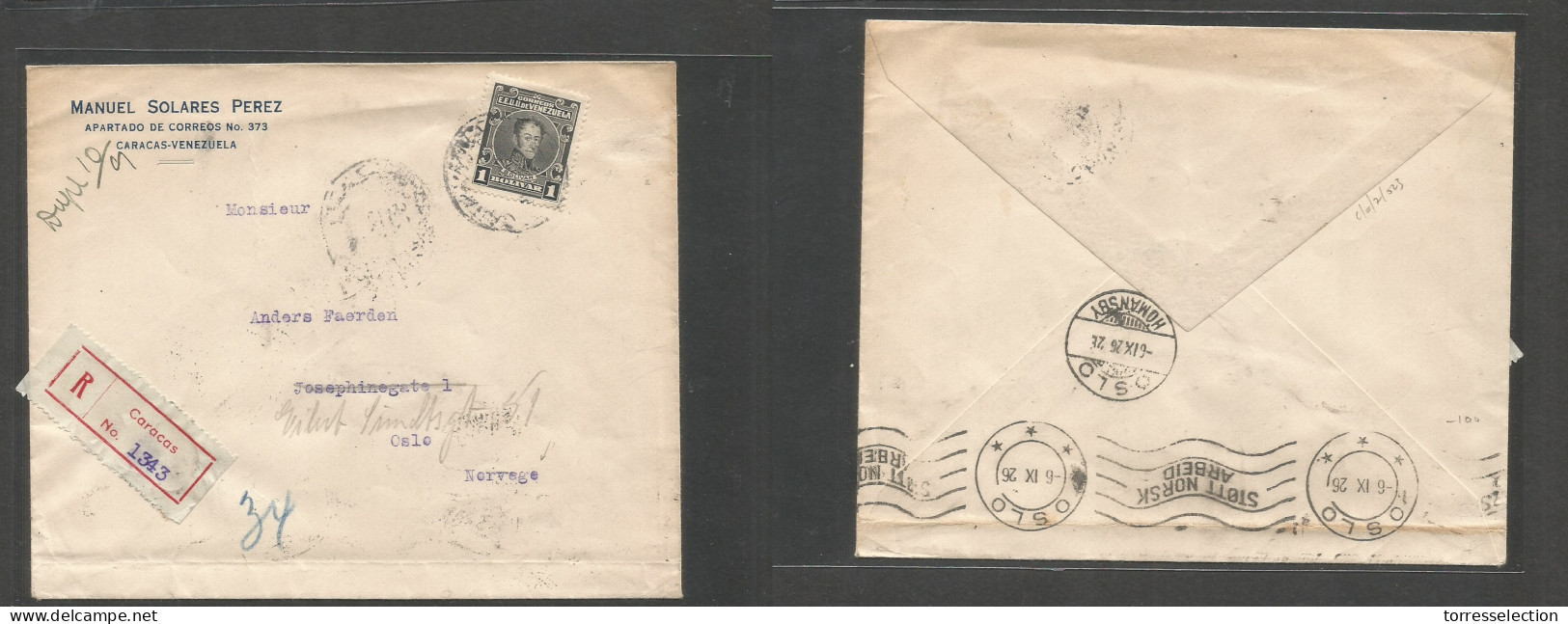 VENEZUELA. 1926 (Aug) Caracas - Norway, Oslo (6 Sept) Registered  Comercial Single 1 Bolivar Black Stamp Fkd Envelope, C - Venezuela