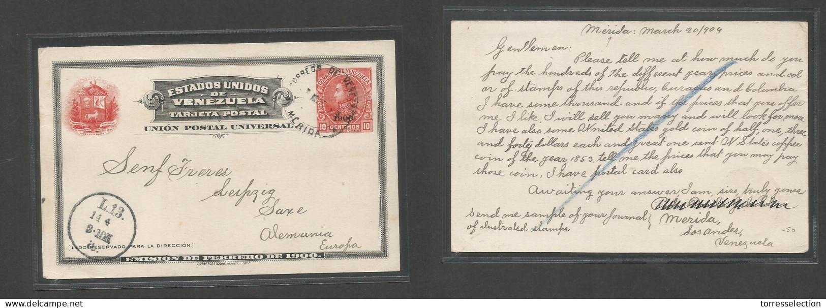 VENEZUELA. 1904 (20 March) Merida - Germany, Leipzig (14 April) 10c Cms Red Bicolor Stat Card, VF Heat Depart Cds. - Venezuela