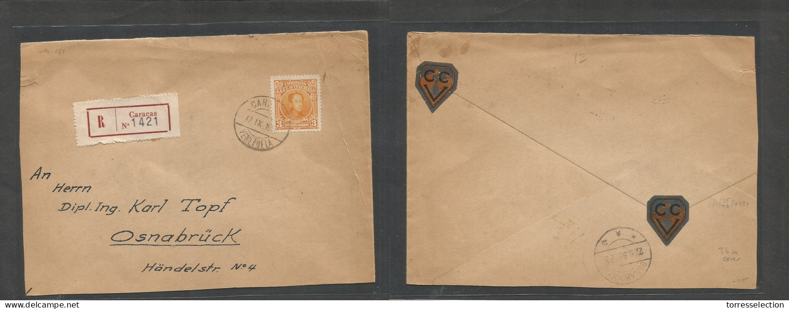 VENEZUELA. 1930 (19 Sept) Caracas - Germany, Osnbruck (27 Sept) Registered Single 3 Bolivares Orange Fkd Reverso, Revers - Venezuela