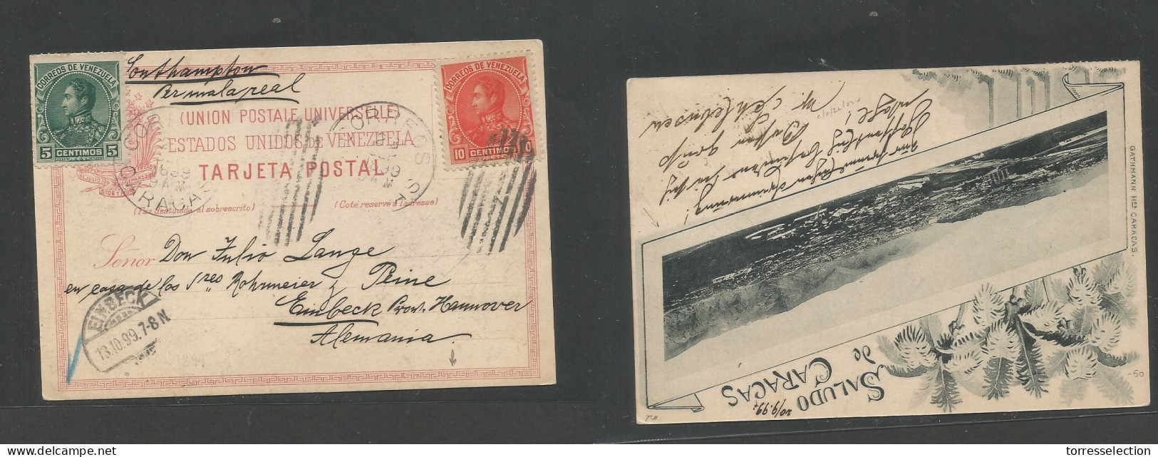 VENEZUELA. 1899 (28 Sept) Caracas - Germany, Einbeck (13 Oct) Gruss Aus Early Ppc Multifkd Card At 15c Rate Tied Grills  - Venezuela