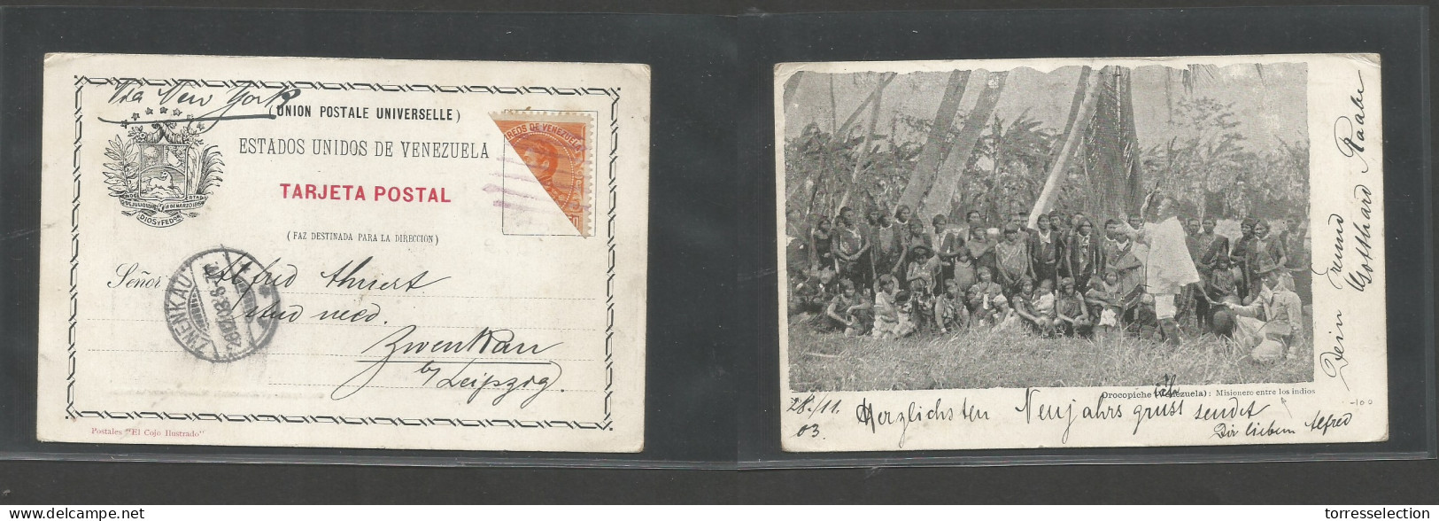 VENEZUELA. 1903 (28 Nov) Oropiche, Missionary Point - Germany Zwenkau (26 Dec) Bisected 50c Orange, Red Grill Tied Cds V - Venezuela