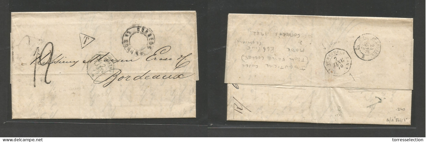 VENEZUELA. 1878 (4 Enero) Caracas - France, Bordeaux (24 Jan) Stampless EL With Full Text, Local Depart Postal Cachet +  - Venezuela