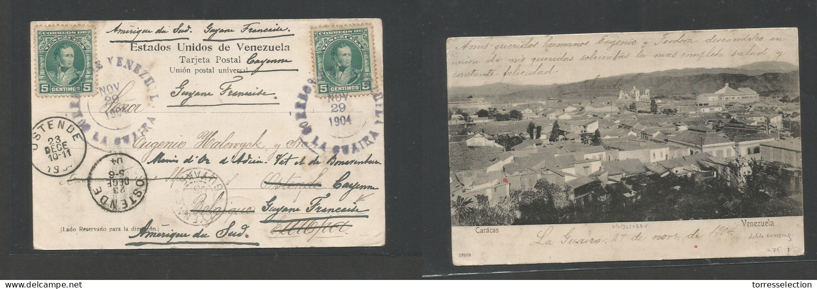 VENEZUELA. 1904 (29 Nov) La Guayra - French Guyane, Cayenne (26 July 05) Multifkd Photo Ppc To Belgium Where Fwded To So - Venezuela