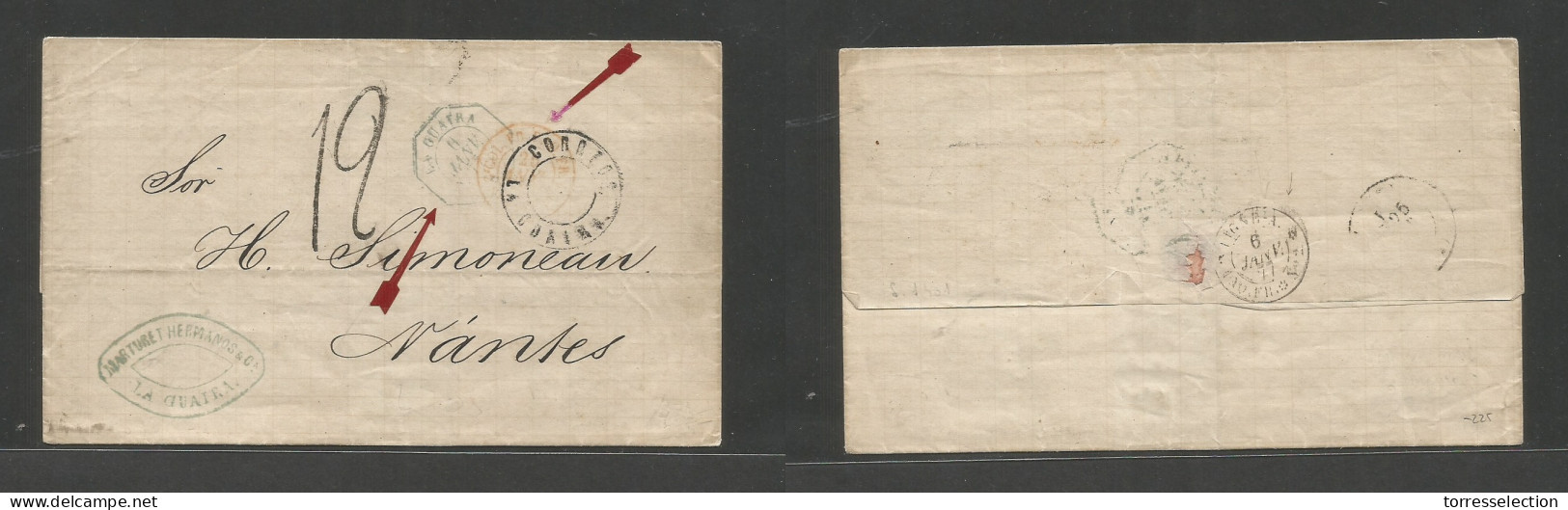 VENEZUELA. 1877 (6 Jan) La Guayra - France, Nantes (25 Jan) Stampless E. Via French Postal Agent At La Guayra, Depart Lo - Venezuela