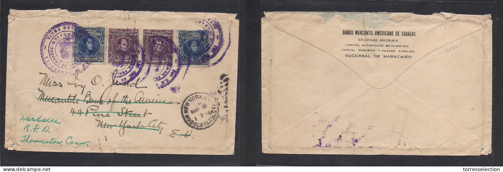 VENEZUELA. 1920. Maracaibo, EdeZulia - USA, NYC (8 May) Multifkd Env 250 (x2) + 50c (x2) At 1 Peso 50c Rate Shield Viole - Venezuela