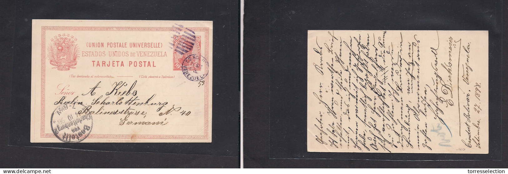VENEZUELA. 1898 (27 Sept) Ciudad Bolivar - Germany, Berlin (14 Oct) 10c Red Stat Card. - Venezuela