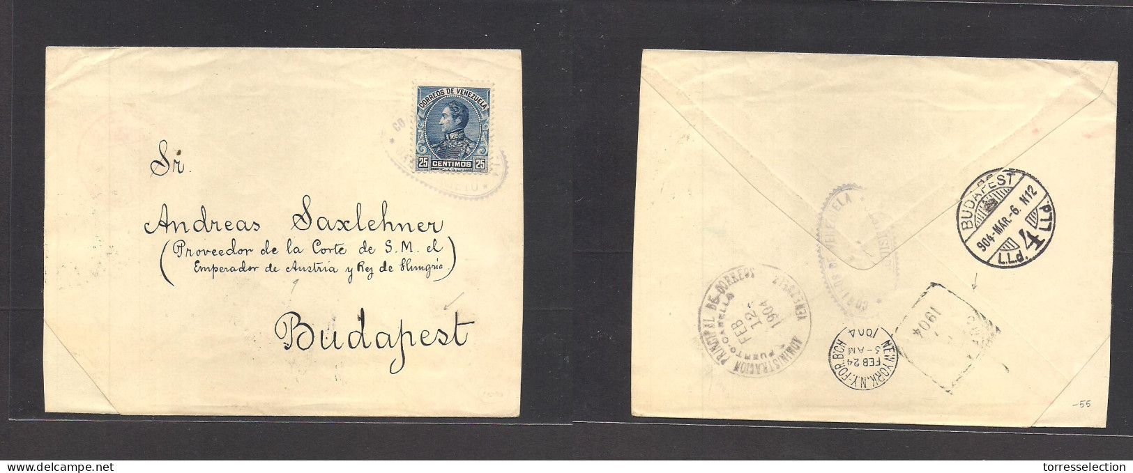 VENEZUELA. 1904 (Feb 10-12) Barquisimeto - Hungary, Budapest (6 March) Single Fkd Env Ocal Blue Cachet. Via Porto Cabell - Venezuela