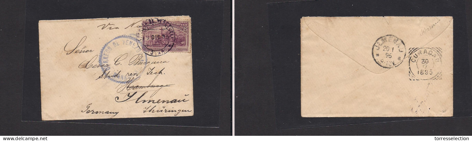 VENEZUELA. 1895 (19 Dic) Tovar - Germany, Ilemenau, Thuringen (20 Jan 96) Via Curaçao (30 Dec) - Maracaibo. Single Fkd 2 - Venezuela