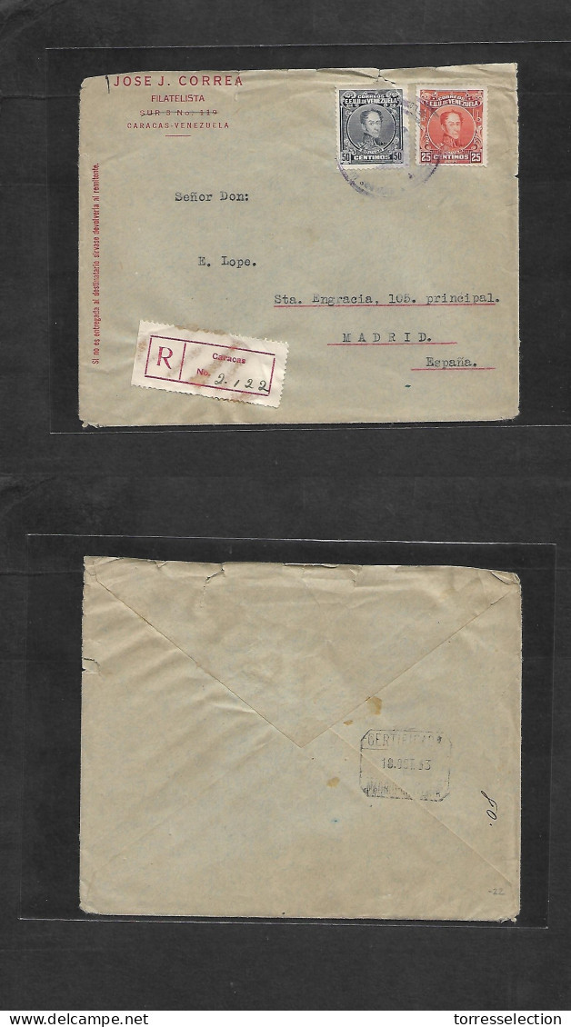 VENEZUELA. 1933 (Sept - Oct) Caracas - Madrid, España (18 Oct) Sobre Certificado Franqueo Multiple. Interesante. - Venezuela