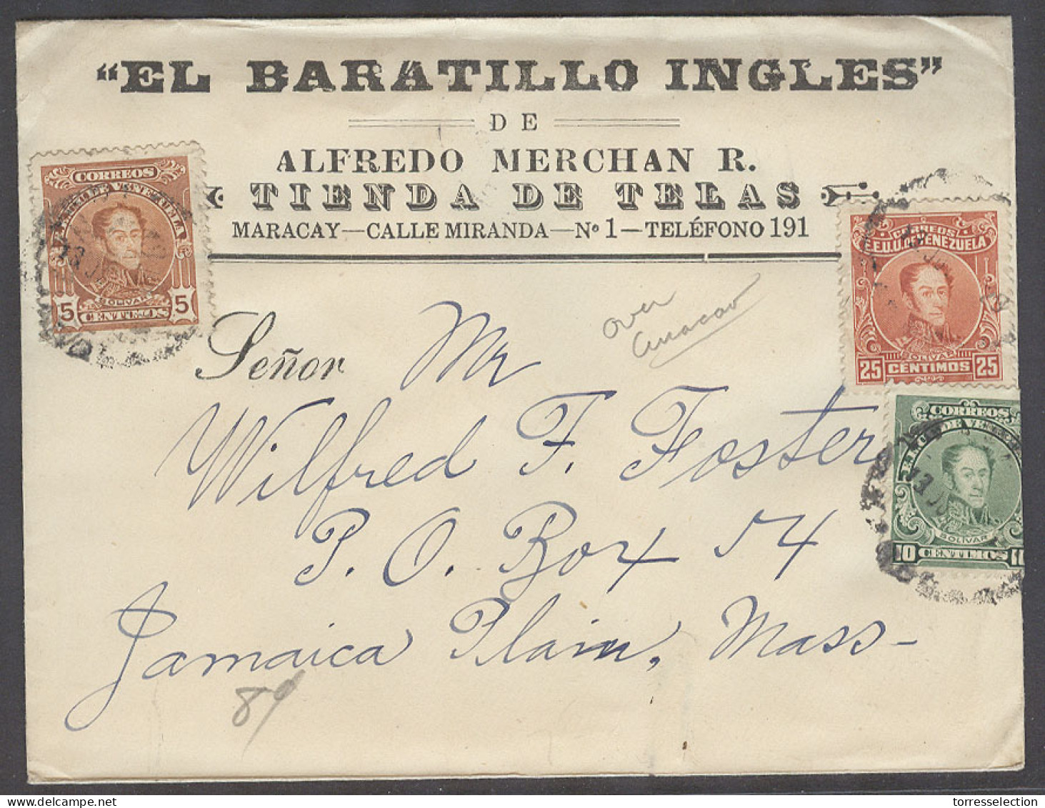 VENEZUELA. 1913 (13 July). Maracay - Jamaica, USA. Tricolor Fkd Env. Via Curaçao (20 July). Reverse Cds. - Venezuela