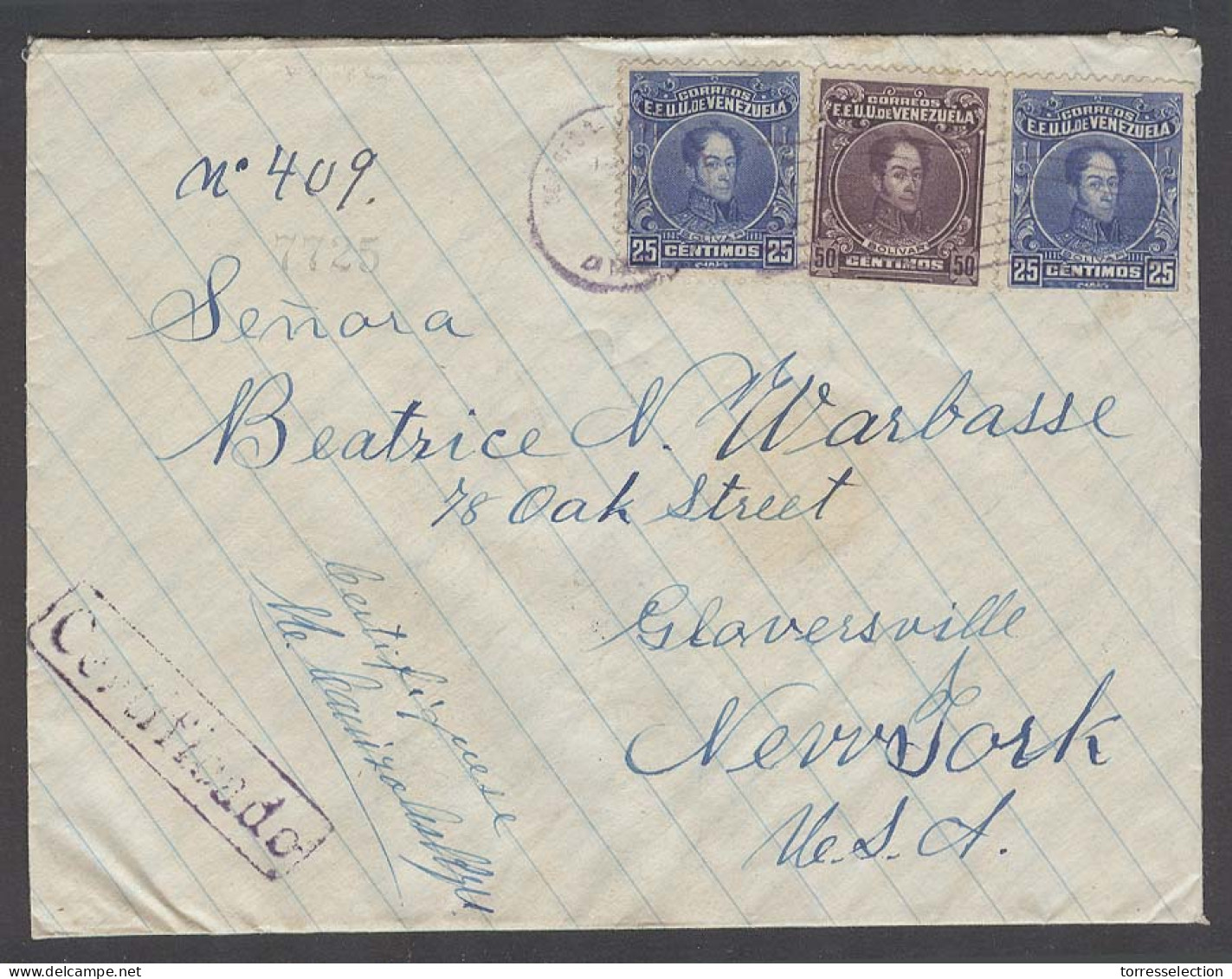 VENEZUELA. 1923 (Dec). Omz - USA / NY (1 Jan 1924). Reg Multifkd Env 25c (x2) + 50c Tied Wave Cancel Cds + R-pmk Cachet  - Venezuela