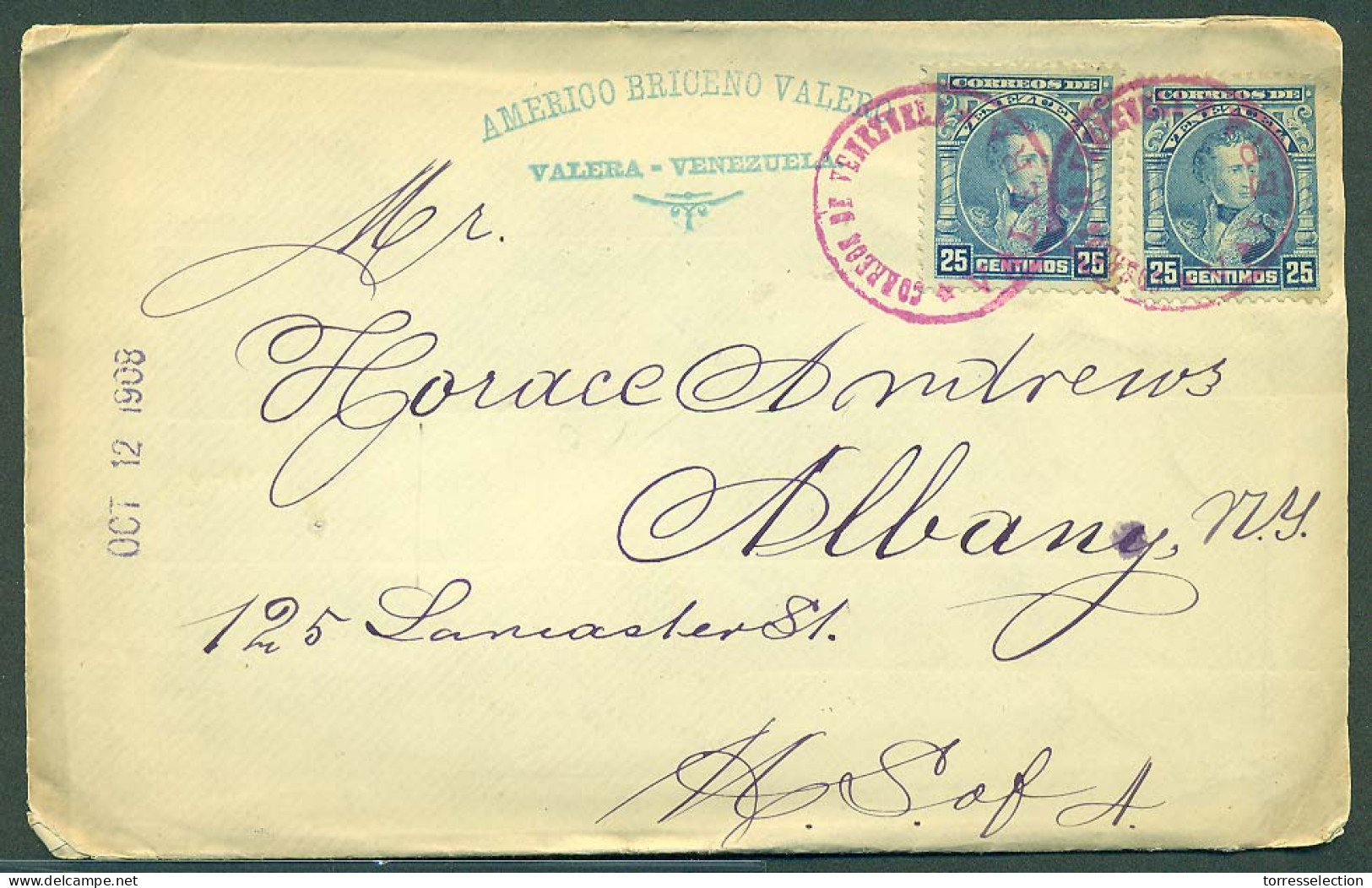 VENEZUELA. 1908 (Oct). Valera - USA. Fkd Env 50c Rate / Violet Town Cds. Scarce. Fine. - Venezuela