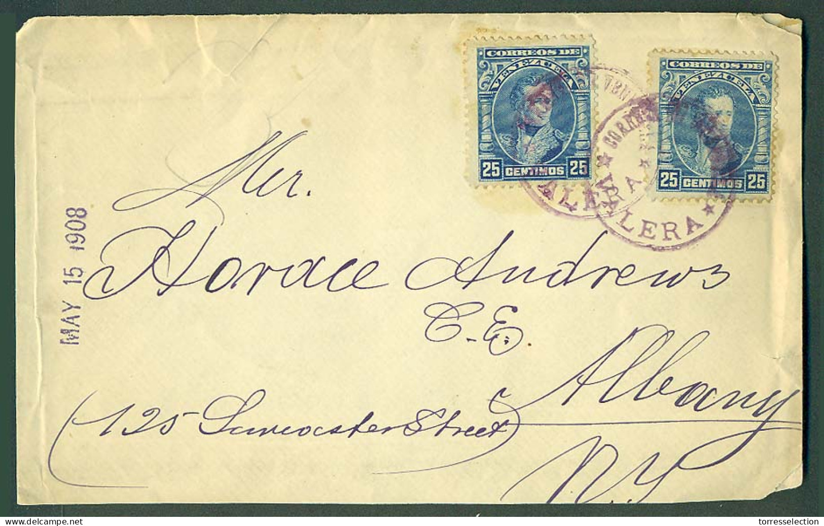 VENEZUELA. 1908 (15 May). Valena - USA. Fkd Env Lilac Cachet. Scarce Origin Overseas Usage. - Venezuela