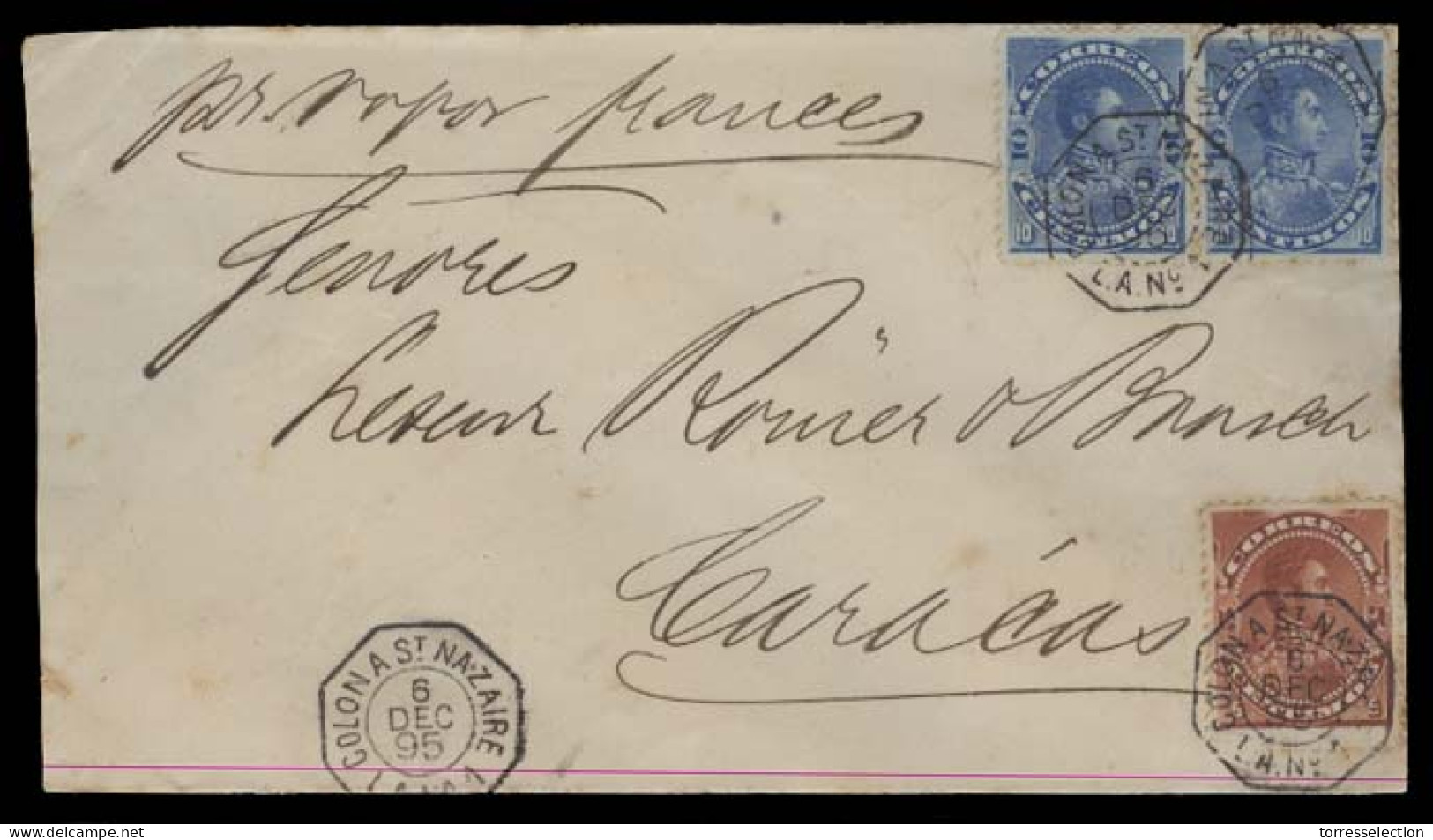 VENEZUELA. 1895 (Dec). Puerto Caballo - Caracas. Scarce Internal Local Env Fkd 10c X2 + 5c = 25c Rate Cancelled By Frenc - Venezuela