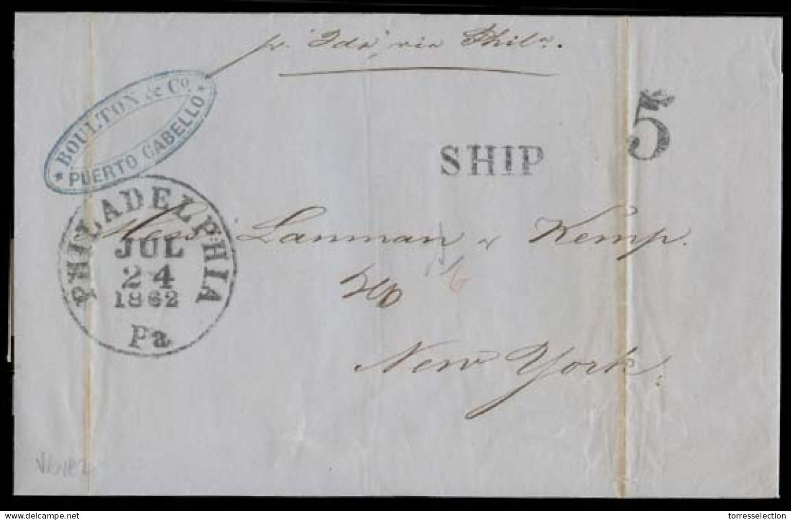 VENEZUELA. 1862 (4 July). Puerto Caballo - USA Stampless. EL Depart Comercial Cachet + Ship + Philadelphia Cds US Entry  - Venezuela