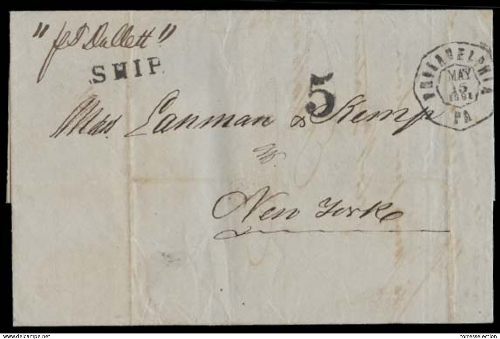 VENEZUELA. 1861 (5 April). Caracas - USA / NY. Stampless. EL Per Dallet Via Philadelphia / Ship / 5cts. Fine Maritime. - Venezuela