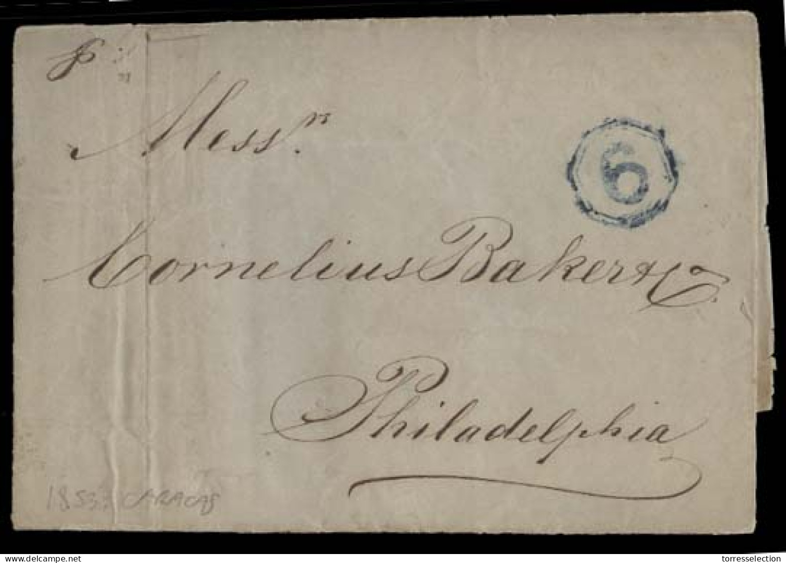 VENEZUELA. 1853 (28 Jan). Caracas - USA / Pha. EL Blue 6cts Entry Cachet On Front. Maritime. - Venezuela