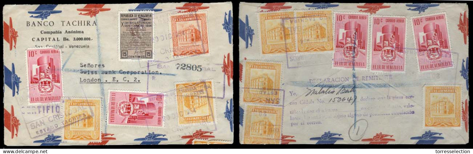 VENEZUELA. 1954. San Cristobal / Est. Tachina - UK. Air Mulitfkd Env. 14 Stamps Postage + Customs Declaration Pmk. - Venezuela