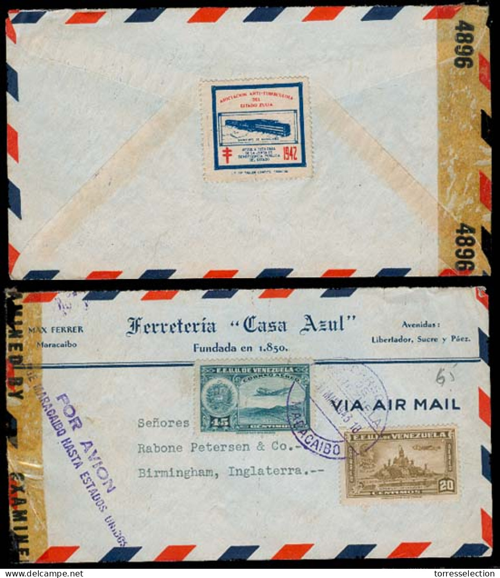 VENEZUELA. 1943 (31 March). Maracaibo - UK. Air Censored Fkd Env + Anti T-label. Interesting. - Venezuela