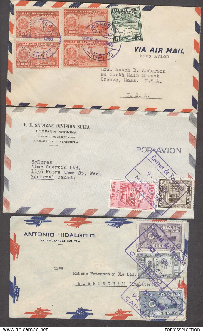 VENEZUELA. 1940-54. 3 Airmail Fkd Env Caripito, Carabobo, Maracaibo. VF Used. - Venezuela