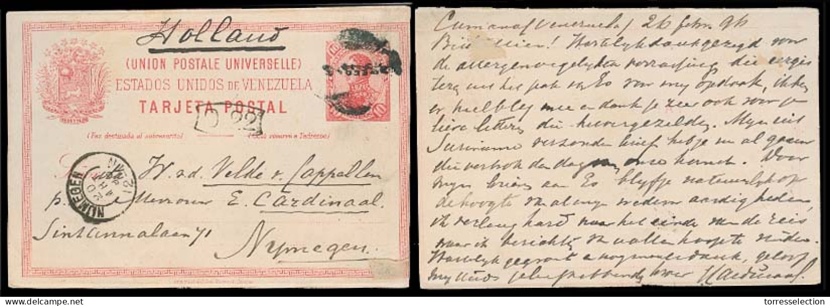 VENEZUELA. 1896 (26 Feb). Cumana - Netherlands. 10c Red Stat Card. Fine + Arrival. - Venezuela